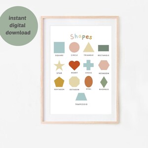Póster imprimible con gráfico de formas, niños, educación, Montessori, sala de juegos, guardería, aula, ilustración, diversión, niños, descargar arte digital