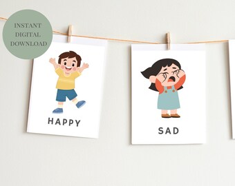 May include: Three printable flashcards with illustrations of children expressing different emotions. The first card shows a boy with a big smile and the word "HAPPY" below. The second card shows a girl with tears in her eyes and the word "SAD" below. The third card shows a girl with a big smile and the word "EXCITED" below.
