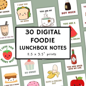 30 Lunchbox Foodie Notes, Printable, Digital, Kinder, Schulmahlzeit, Briefe, Freundlichkeit, Liebe, Motivation, Ausdruck, Karte Notizen, Bildung