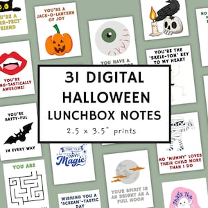 31 Notas de Halloween para lancheira, imprimível, digital, crianças, almoço escolar, cartas, assustador, expressões, notas de cartão, mensagens, crianças, gentileza