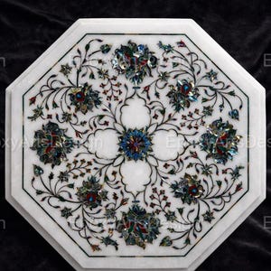 Mesa de lujo con incrustaciones de mármol y concha de abulón, consola octogonal elegante hecha a mano, mueble bar y consola elegante, hecha a medida.