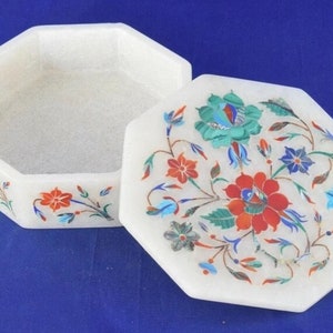 Octagonal Marble Jewelry Keepsake Box Semi Precious Marquetry Fine Inlay Stone Handcrafted Personalized Gift