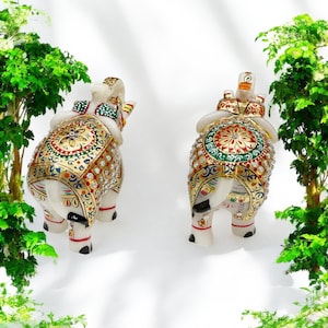 Marble Elephant Pair Golden Painted Handmade Figurines Decorative Sculpture Housewarming Gift Indian Art Home Accent Collectible