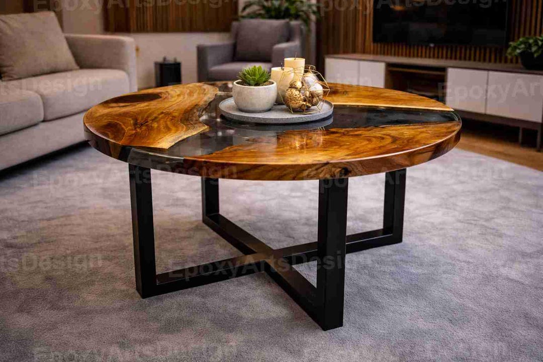 Round Epoxy Resin Coffee Table, Live Edge Wood River Table, Modern ...