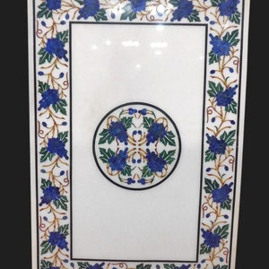 White Rectangle Top Dining Table Handmade Natural Italian Marble Pietradura Grapes Design Masterpiece Art Stone Dining Room Furniture