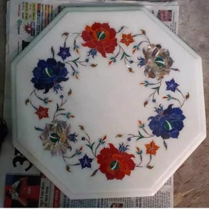 Semi Precious Stone Coffee Table Handmade White Makrana Inlay Customized Home & Living Decor