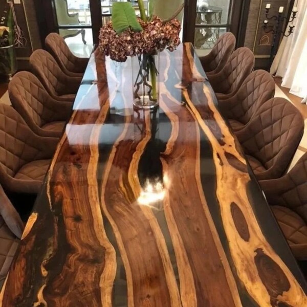 Epoxy Table, Epoxy Dining Table, Live Edge Black Epoxy Resin River Table, Living Room Wood Furniture,Handmade Dining Table,Solid Wood Table