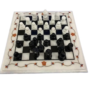 Handicraft Marble Chess Set with Black & White Stone Pieces Personlized Gift for Him