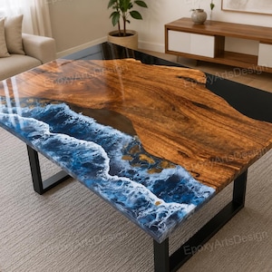 Ocean Epoxy Resin Dining Table, Beach Wave Wood Table, Handmade River Table, Coastal Dining Furniture, Live Edge Wood Epoxy Table