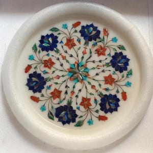 Marble Inlay Serving Plate Floral Multi Precious Gemstones Artwork Collectible Gifts