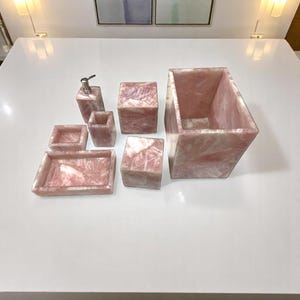 Pink Rose Quartz Bathroom Accessories Set 7pcs Handmade Vanity Decor Wedding Gifts