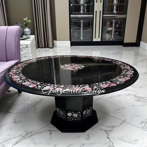 Black Marble Inlay Round Table: Semi Precious Gemstone, Handmade Art