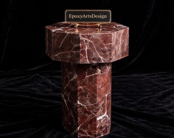 Mesa auxiliar de mármol Rosso Levanto, mesa con pedestal de mármol rojo, mesa auxiliar de piedra de lujo, muebles de diseño hechos a mano.
