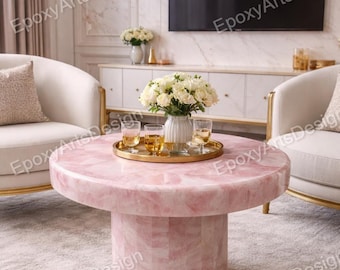 Rose Quartz Round Coffee Table, Natural Pink Crystal Stone Table, Luxury Handmade Stone Furniture, Modern Living Room Accent Table