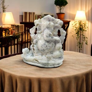 Dendrite Gemstone Ganesha Statue Antique Hand-Carved Ganpati Idol Spiritual Hindu Temple Decor