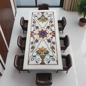 Indian White Marble Dining Table Top Inlay Pietra Dura Art with Semi Precious Gemstone Work Restaurant Indoor/Outdoor Furniture