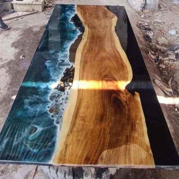 Natural Epoxy Dining Table Top Made To Order Handmade Epoxy Resin Conference Room Table, Wood Table, Ocean Waves River Furniture, with stand