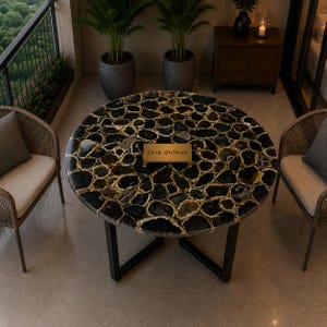 Black Agate Coffee Table, Round Agate Stone Table, Luxury Gemstone Center Table, Handmade Living Room Furniture