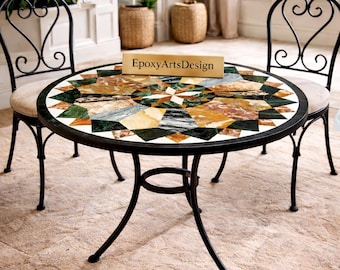Mesa artesanal con incrustaciones de mármol – Tablero redondo de mosaico de piedra, mesa de comedor/café de lujo, mueble de arte con piedras semipreciosas, decoración para sala de estar