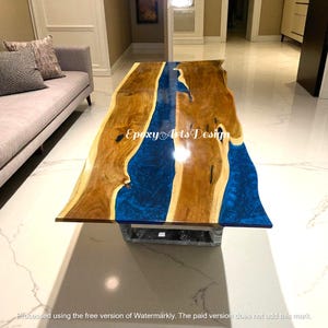 BUY Blue Resin Epoxy Table Top - Natural Live Edge Acacia Wood Made To Order Restaurant Handmade Furniture