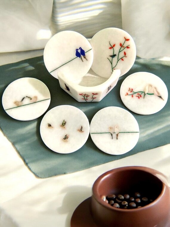 細工の細かい インド大理石 象嵌細工 コースター(6枚・ケース付き