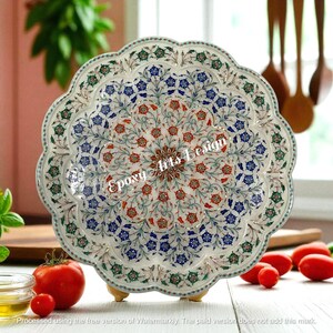 White Marble Inlay Plate / Perchinkari Traditional Art Serving Platter /Multi Semi Precious Gemstone / Designer Serving Dish for Kitchen