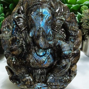 Handmade Shree Ganesha Statue in Labradorite Gemstone Good Luck, Success & Wisdom, Remover of Obstacles