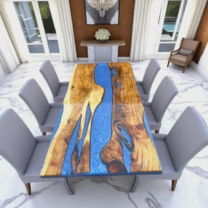 Blue Epoxy Table Top, Resin Dining Table, Luxurious Dining Room Furniture, Free Shipping, Natural Wood Slab