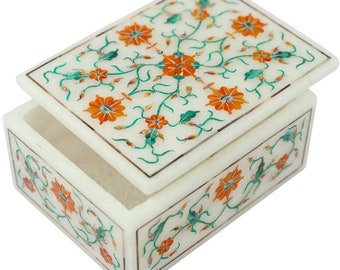 Portagioie in marmo fatto a mano da 4"x3"x2", regali di compleanno per la mamma, scatola dei ricordi con intarsi floreali, portagioie in marmo, organizzatore di gioielli, regalo unico