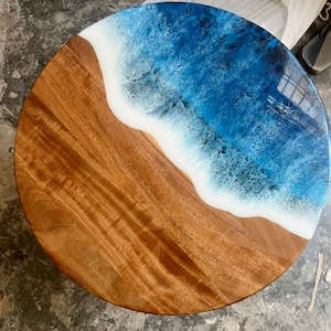 Resin Dinner Table, Round Epoxy Table, Ocean Epoxy Table Top, Round Coffee Table, Ocean End Table Nightstand Resin Table, Wood Dine Table