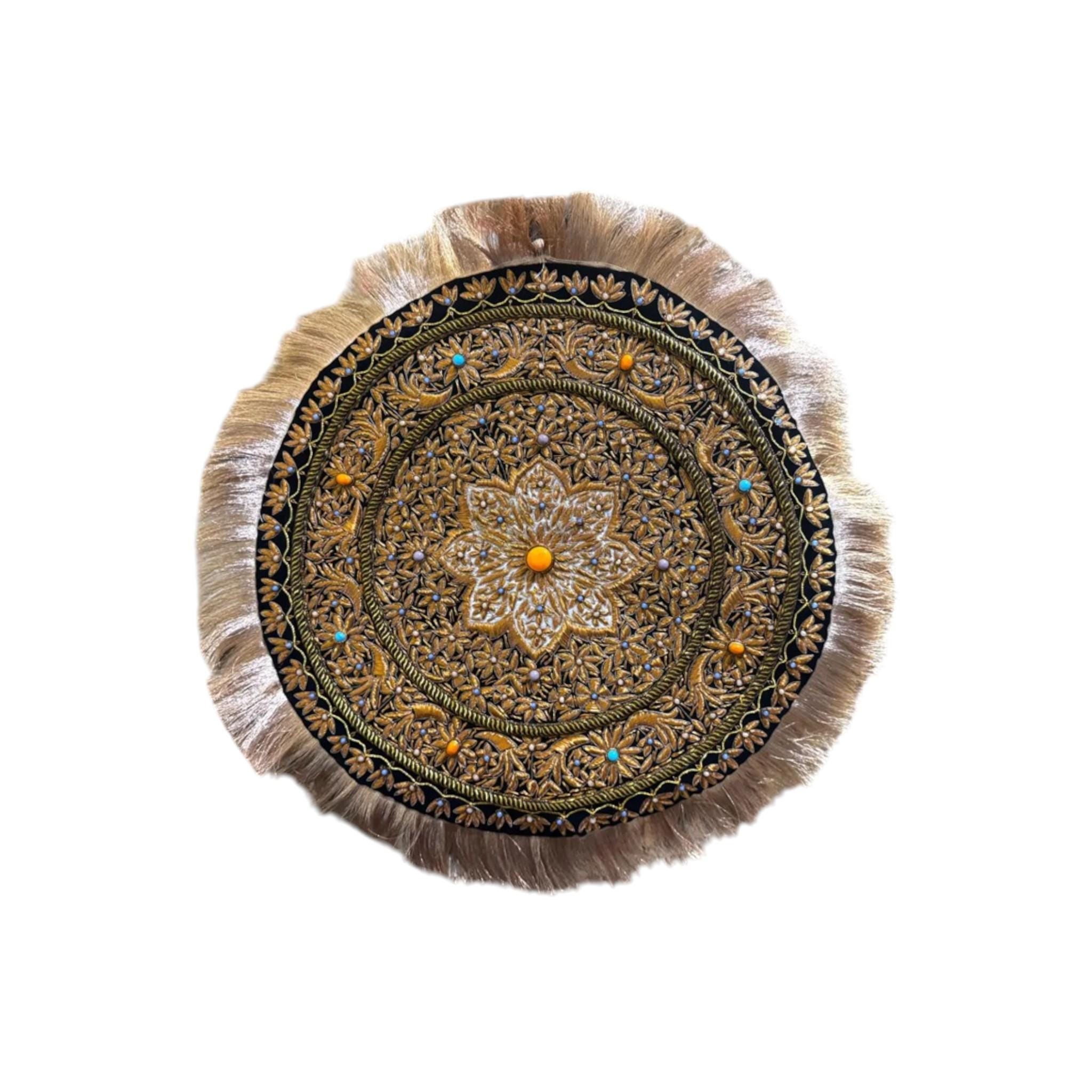 24インチ タペストリー 壁掛け ラウンド - シルク刺繍 花柄 半貴石