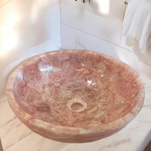 Stone Sink, Round Vessel Basin, Pink Rose Quartz Sink, Natural Gemstone Sink, Handmade Sink , Bathroom Vanity Interior Decor