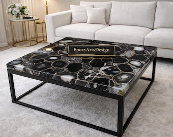 Mesa de ágata negra hecha a mano: mesa de centro de lujo de piedra natural, mueble de diseño para sala de estar, pieza única que marca la diferencia.