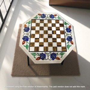 Marble Inlay Chess Board -Chess Table Top - Multi Semi Precious Gemstone -Personalized Gift for Him & Her - Board Game Playroom Decor
