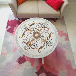 White Marble Top Round Table Handcrafted Pietra Dura Inlay Artwork Hallway Decorative Furniture
