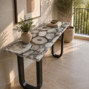 White Agate Stone Console Table, Luxury Agate Entryway Table, Natural Gemstone Sofa Table, Handmade Stone Furniture, Modern Hallway Console