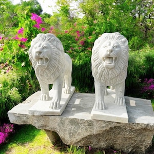 Handmade Marble Lion Statues - Outdoor Garden Sculpture Pair - Large Garden Decorations | Outdoor Sculpture - Animal Lion Figurine