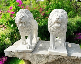 天然ホワイト大理石のライオンのペア彫刻屋外ガーデン装飾 - Etsy 日本