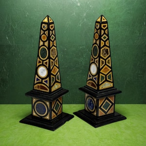 Exquisite Marble Obelisks as a Pair 12&quot; Tall Handcrafted Pietradura Gemstone Inlay Work