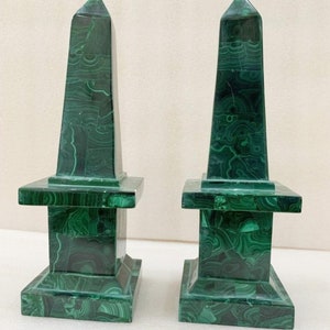 Handcrafted Marble Obelisks Set 2 Pcs Malachite Overlay Design Showpiece Perfect for Living Room Decors