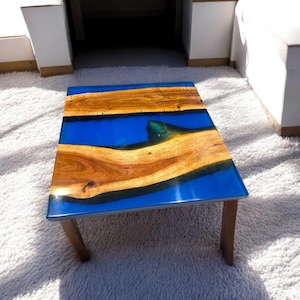 Square Blue Epoxy Resin Table Top: Natural Acacia Wood, Made To Order