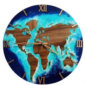 Epoxy wereldkaartklokken, gepersonaliseerd cadeau, harsklokken, natuurlijke hars oceaanthema handgemaakte wereldkaart wandklokken voor decors thuis en op kantoor