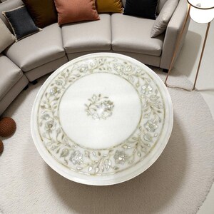White Marble Top Coffee Table Floral Mother Of Pearl Inlaid Gemstone Patio Home Decor