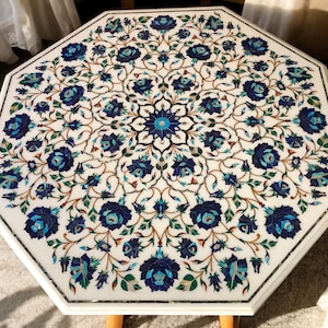 Makrana Marble Corner Table Top Elegant Floral Lapis Turquoise Gemstone Inlay Perfect for Home & Restaurant Decor Mothers Day Gifts
