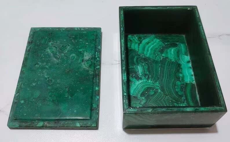10.2x7.6cm Blanc Marbre Bijoux Boîte Malachite Pierre Inlay Travail