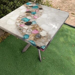 Square White Agate Table – Custom Agate Coffee Table, Garden Patio Table Top, Sofa Centerpiece, Handmade Gemstone Furniture