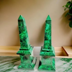Handmade Marble Obelisk Set of 2 Malachite Overlay Decorative Art Piece Unique Green Accent for Home or Office Decor