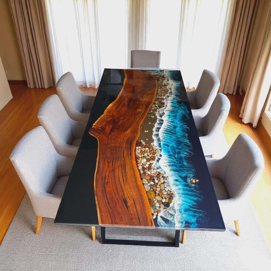 Ocean Beach Epoxy Table Top Pebbles Decorative Natural Wood Dining ...
