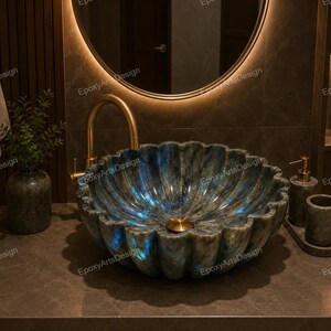 Lavabo en pierre de labradorite, Lavabo de salle de bain en pierres précieuses fait main, Lavabo de luxe en forme de coquillage, Lavabo en cristal naturel