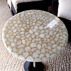 White Agate Top Coffee Table | Agate Side Table | Round Agate Table Top | Stone Top End Table | Living Room Furniture | Custom Table